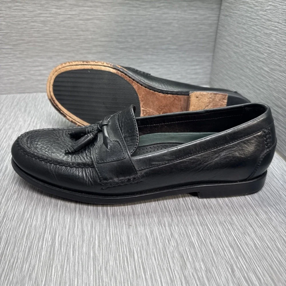 HS Trask Men's Black Leather Tassel Loafers 9M Made in Brazil Dress Shoes